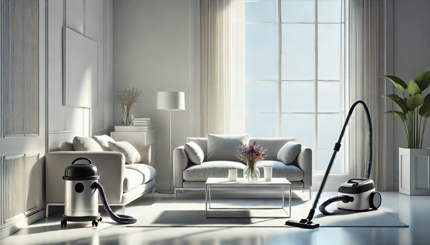 The image depicts a bright and clean modern living room. It features minimalistic furniture, including a sleek sofa and a simple coffee table. Natural light streams through large windows, creating a warm and inviting atmosphere. In one corner, a vacuum cleaner is neatly placed, and a vase of fresh flowers adds a touch of elegance to the scene. The overall look emphasizes cleanliness, organization, and a professional aesthetic.