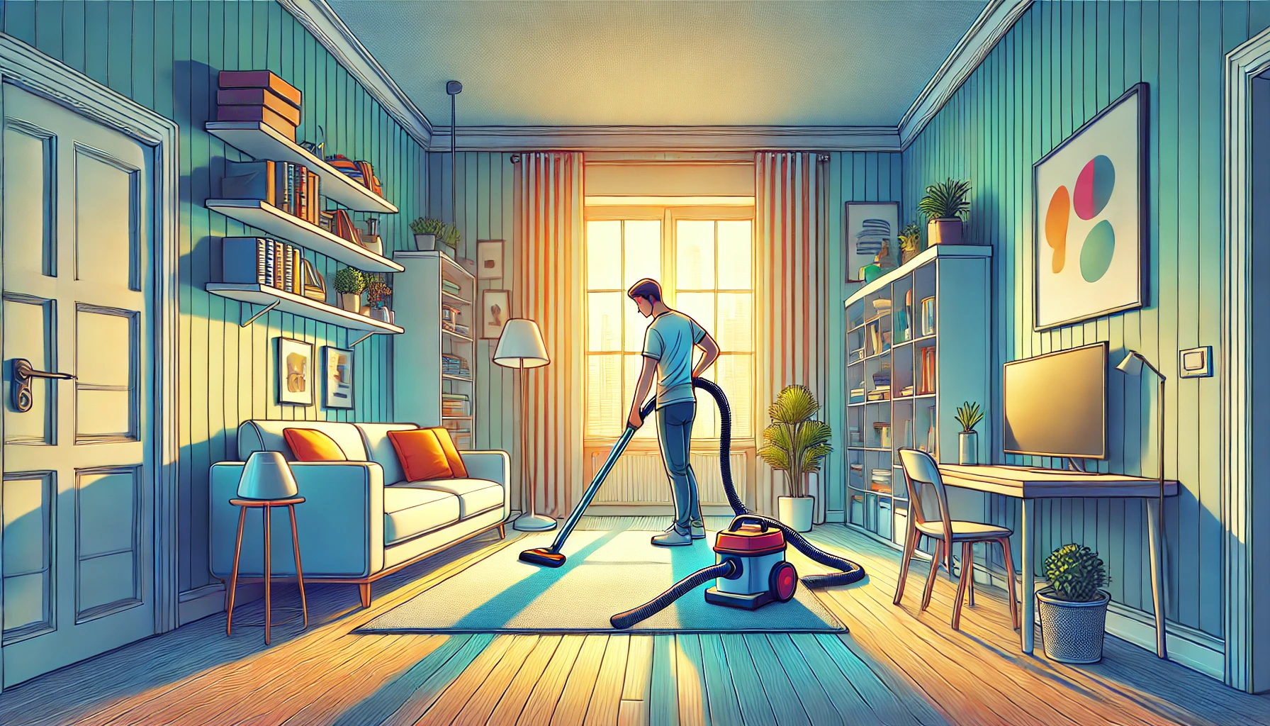 digital illustration of someone cleaning a room