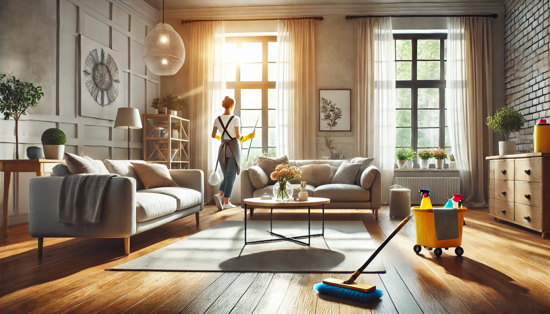 A clean, modern living room with sunlight streaming in through large windows, showcasing spotless floors, dust-free surfaces, and a cozy, inviting atmosphere. A professional cleaner is seen in the background, actively tidying up with professional cleaning equipment. The space feels fresh, organized, and welcoming, emphasizing cleanliness and comfort. Perfect for a house cleaning service blog post.