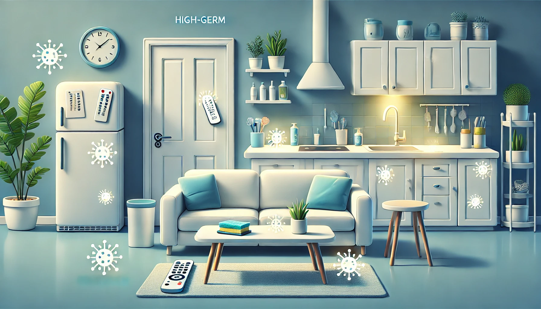 Digital illustration of a kitchen with germs all over it