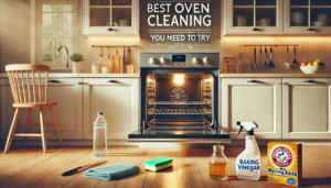 Picture of an oven with equipment you might use for oven cleaning hacks in the bottom