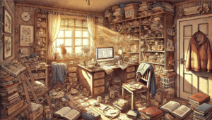 A-detailed-digital-illustration-of-a-cluttered-room-filled-with-books-papers-clothes-and-various-objects-scattered-everywhere